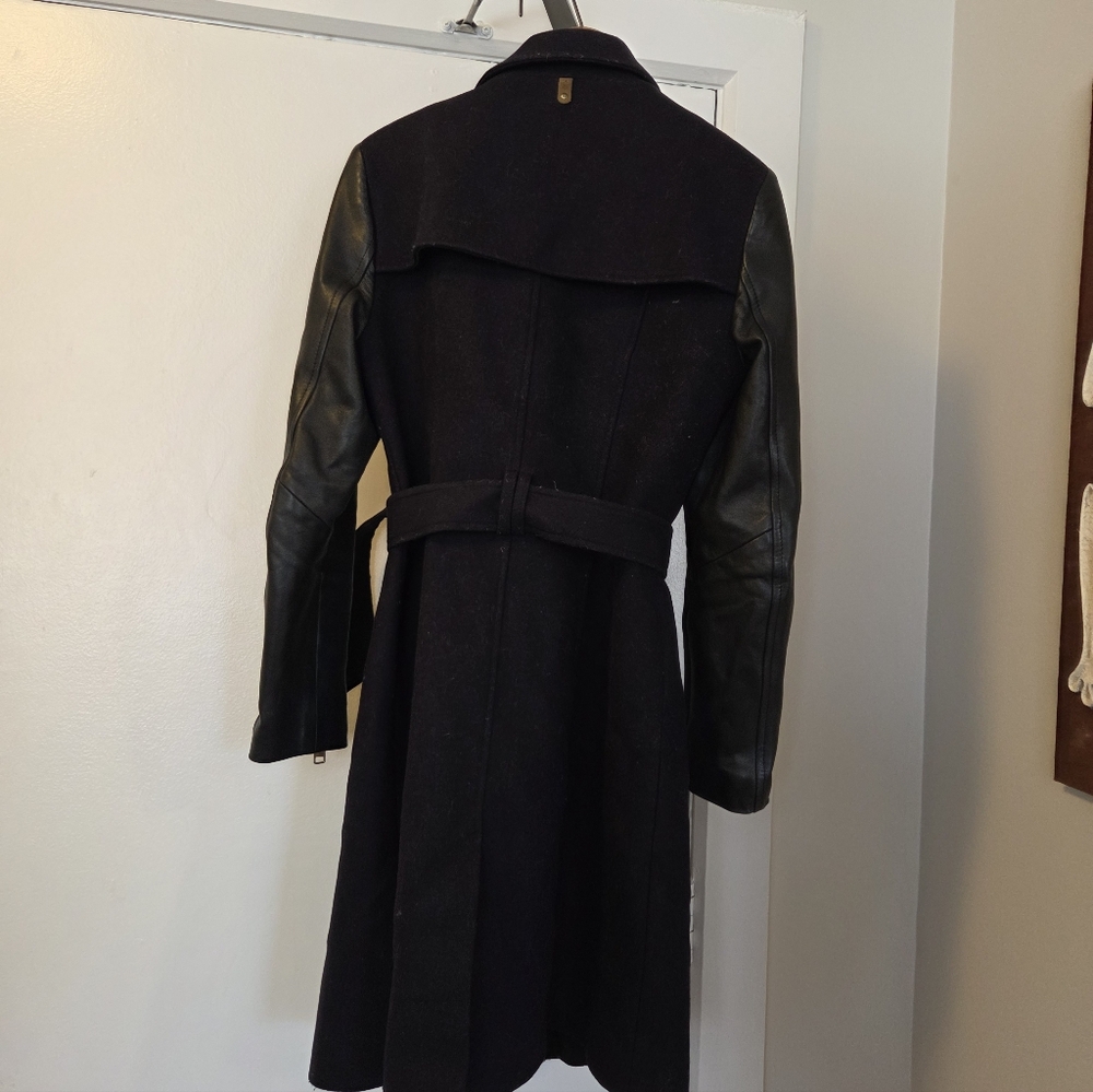 Women's Mackage Dale Wool Trench Coat with Leather Sleeves - Black - Size Medium - Picture 7 of 16